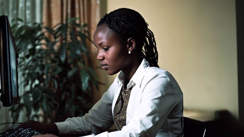 Kenyan Financial controller sitting at desk finalising accounts.