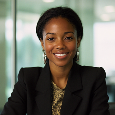 Kenyan woman smiling wearing a suit. 